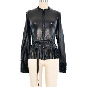 Gianni Versace fringe rimmed backless lace-up leather jacket, Women's Size XS